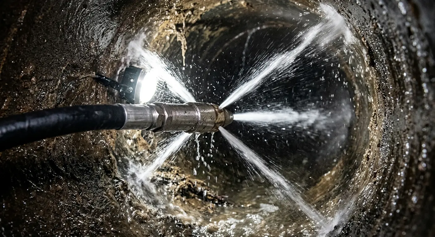 High-pressure hydro jetting nozzle cleaning sewer pipe for Sewer Cleanout in Decorah
