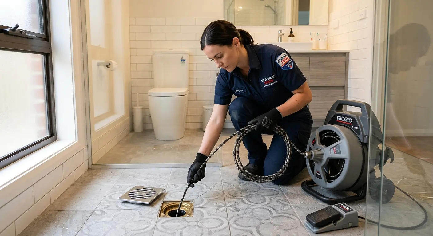 Technician clearing a bathroom floor drain for Hydro Jetting in Decorah
